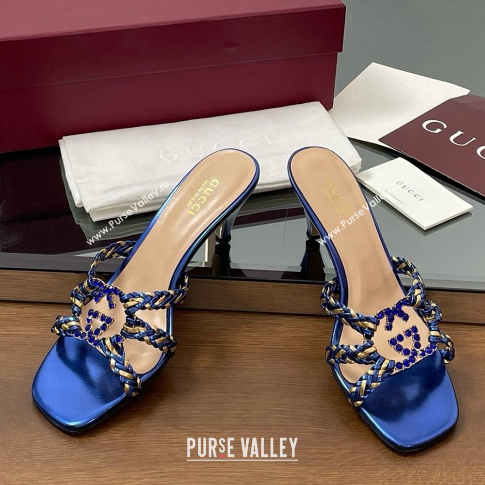 Gucci Isa Leather Heel Slide Sandals 4.5cm with Crystal Interlocking G Gold/Blue 2025 (MD-25070424)
