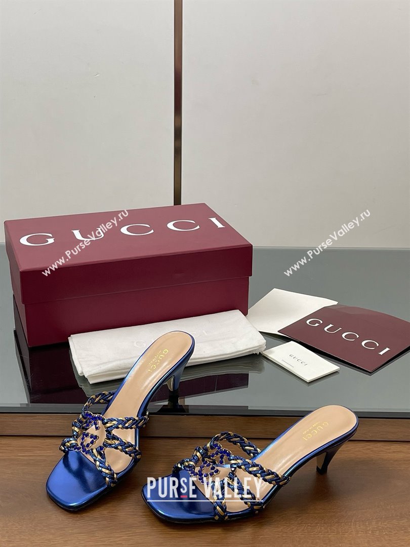 Gucci Isa Leather Heel Slide Sandals 4.5cm with Crystal Interlocking G Gold/Blue 2025 (MD-25070424)