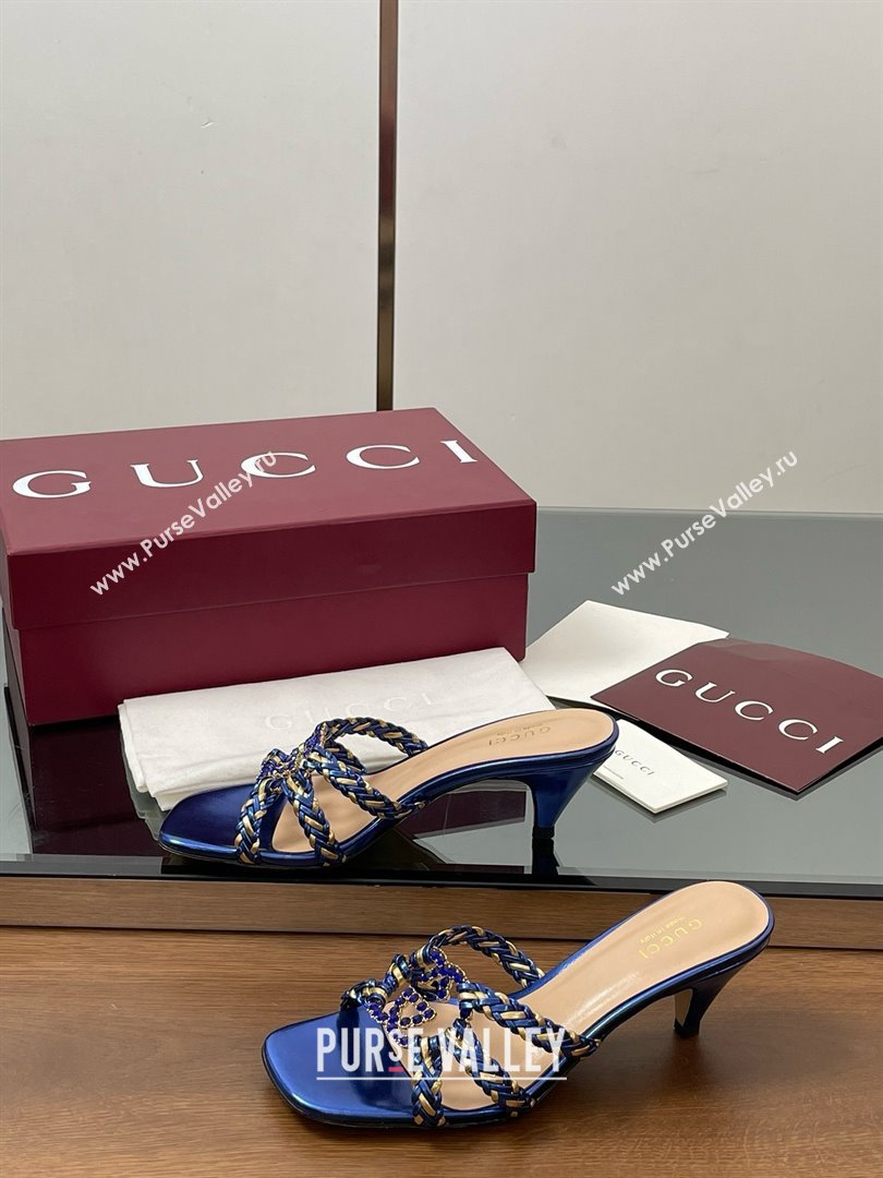 Gucci Isa Leather Heel Slide Sandals 4.5cm with Crystal Interlocking G Gold/Blue 2025 (MD-25070424)