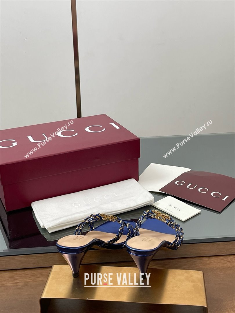 Gucci Isa Leather Heel Slide Sandals 4.5cm with Crystal Interlocking G Gold/Blue 2025 (MD-25070424)
