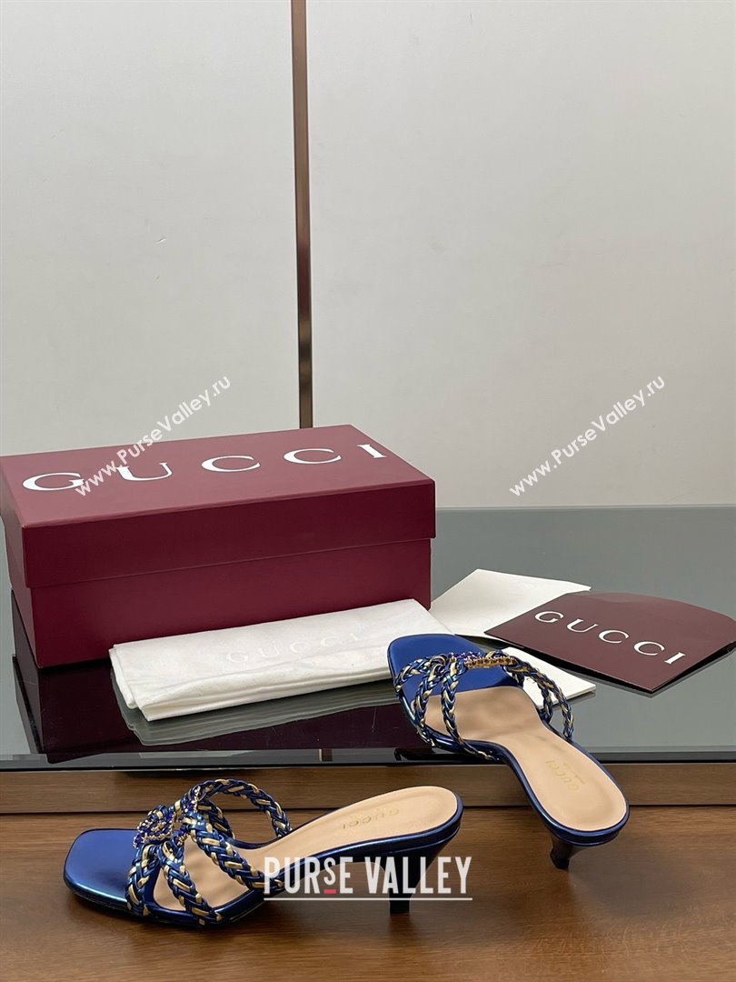 Gucci Isa Leather Heel Slide Sandals 4.5cm with Crystal Interlocking G Gold/Blue 2025 (MD-25070424)