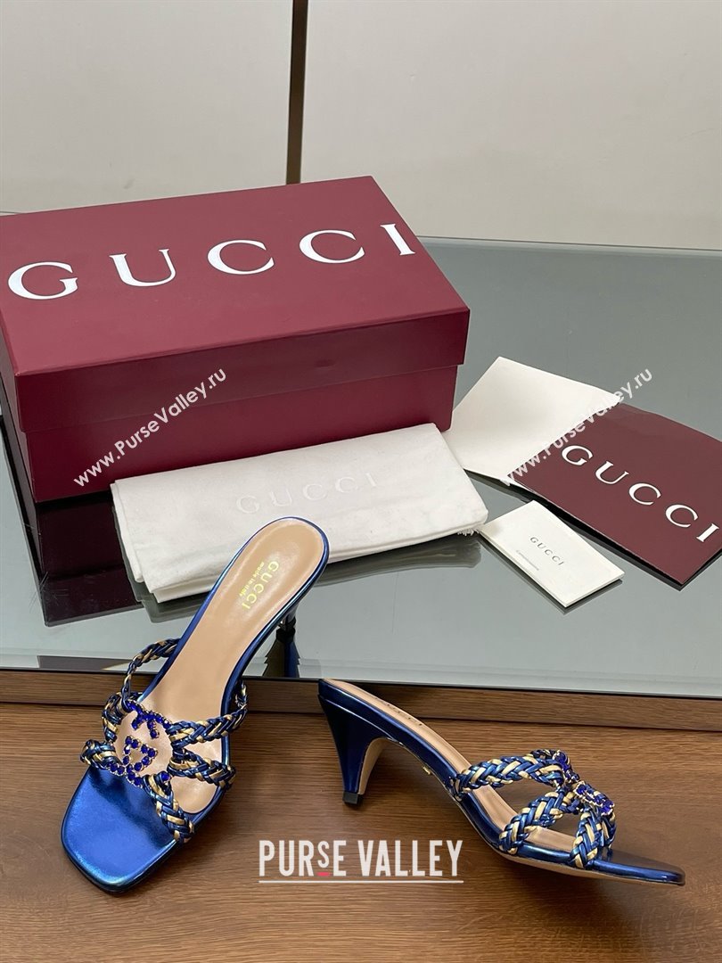 Gucci Isa Leather Heel Slide Sandals 4.5cm with Crystal Interlocking G Gold/Blue 2025 (MD-25070424)
