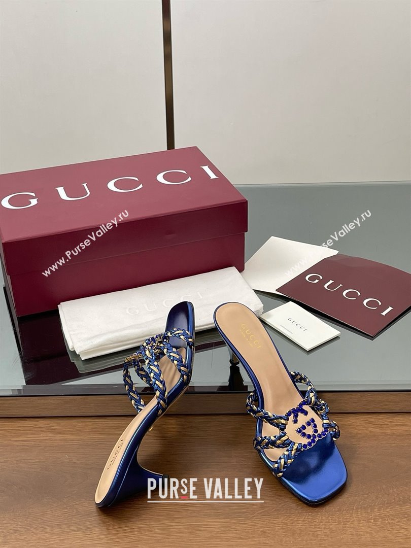 Gucci Isa Leather Heel Slide Sandals 4.5cm with Crystal Interlocking G Gold/Blue 2025 (MD-25070424)