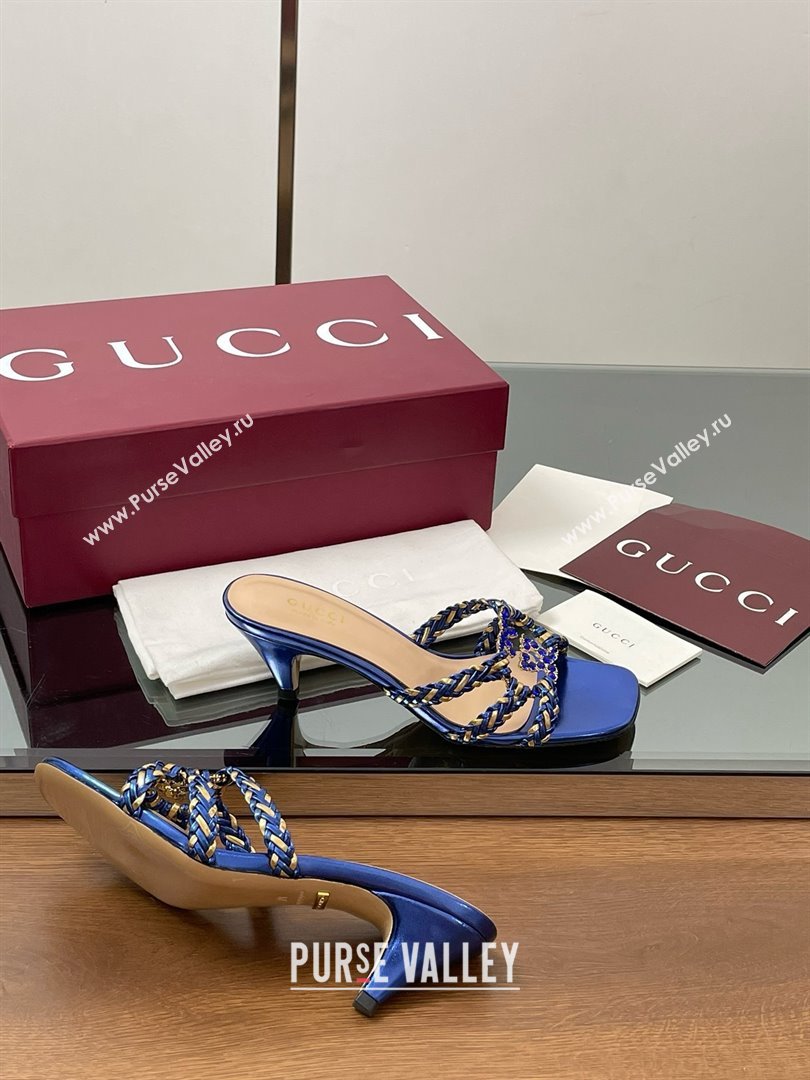 Gucci Isa Leather Heel Slide Sandals 4.5cm with Crystal Interlocking G Gold/Blue 2025 (MD-25070424)