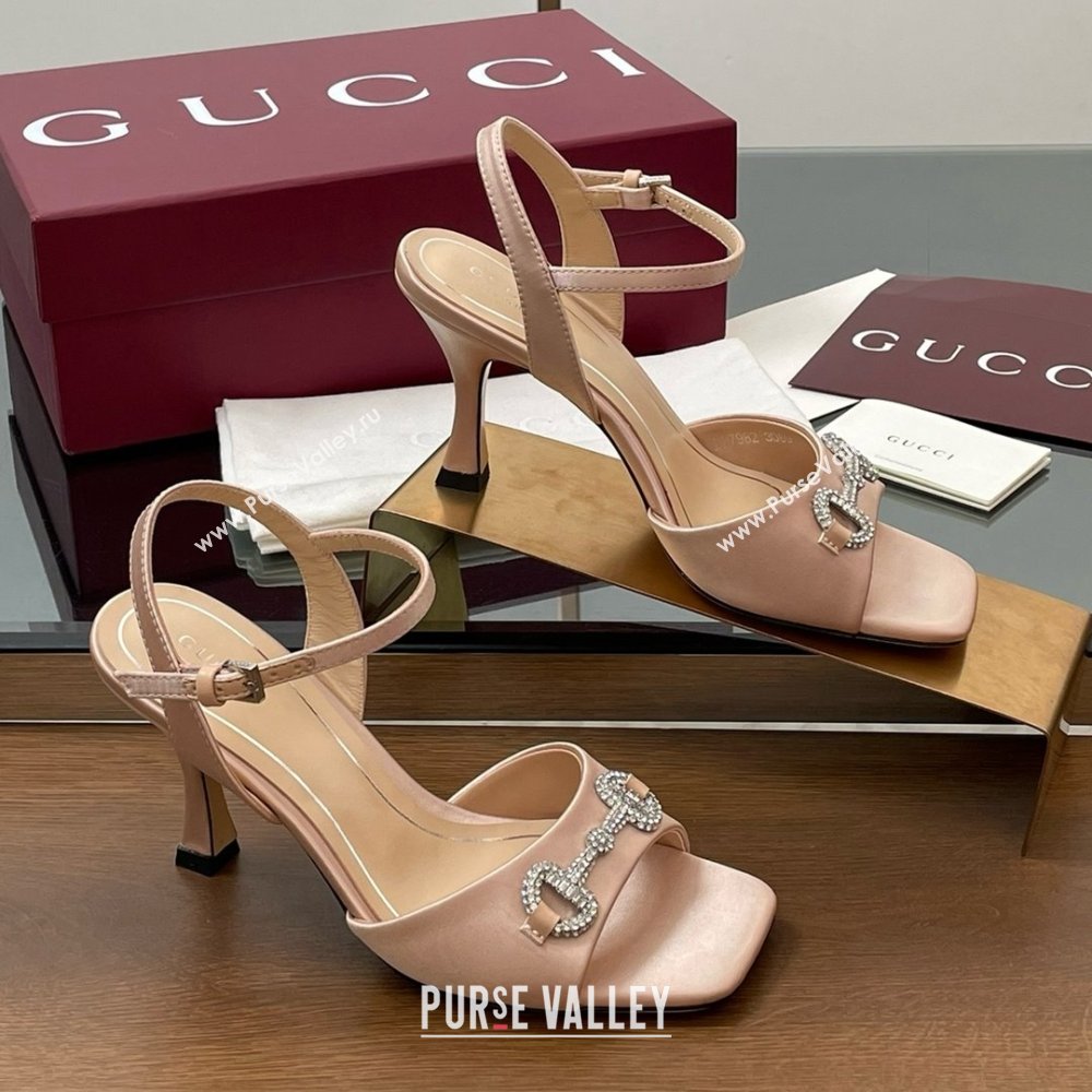 Gucci Satin Sandal with Crystal Horsebit 8.5cm Heel 834342 Beige 2025 (MD-25070430)