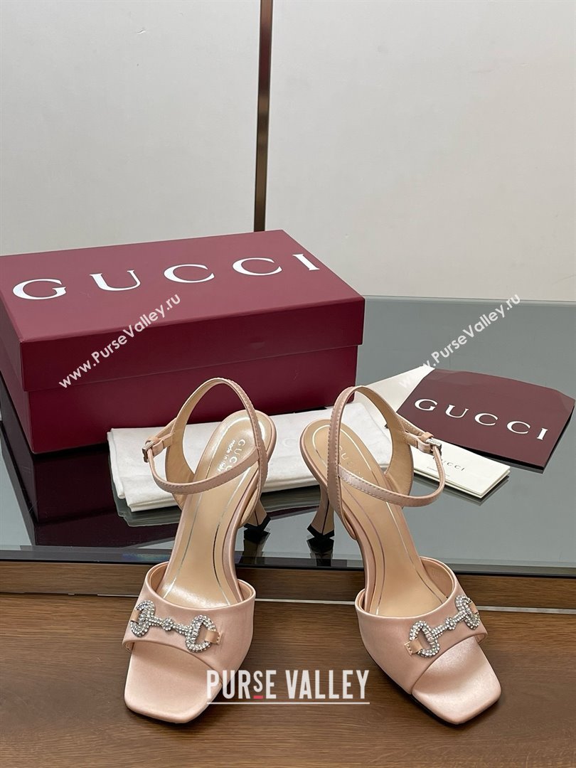Gucci Satin Sandal with Crystal Horsebit 8.5cm Heel 834342 Beige 2025 (MD-25070430)