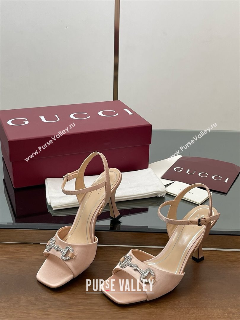 Gucci Satin Sandal with Crystal Horsebit 8.5cm Heel 834342 Beige 2025 (MD-25070430)