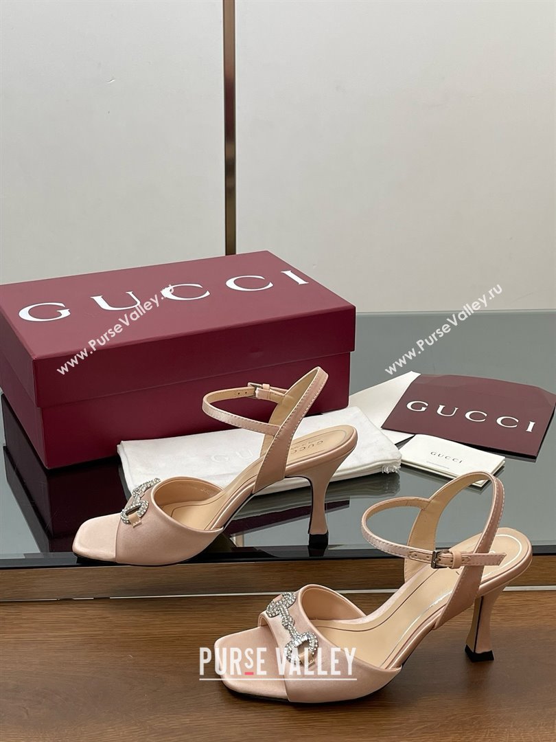 Gucci Satin Sandal with Crystal Horsebit 8.5cm Heel 834342 Beige 2025 (MD-25070430)