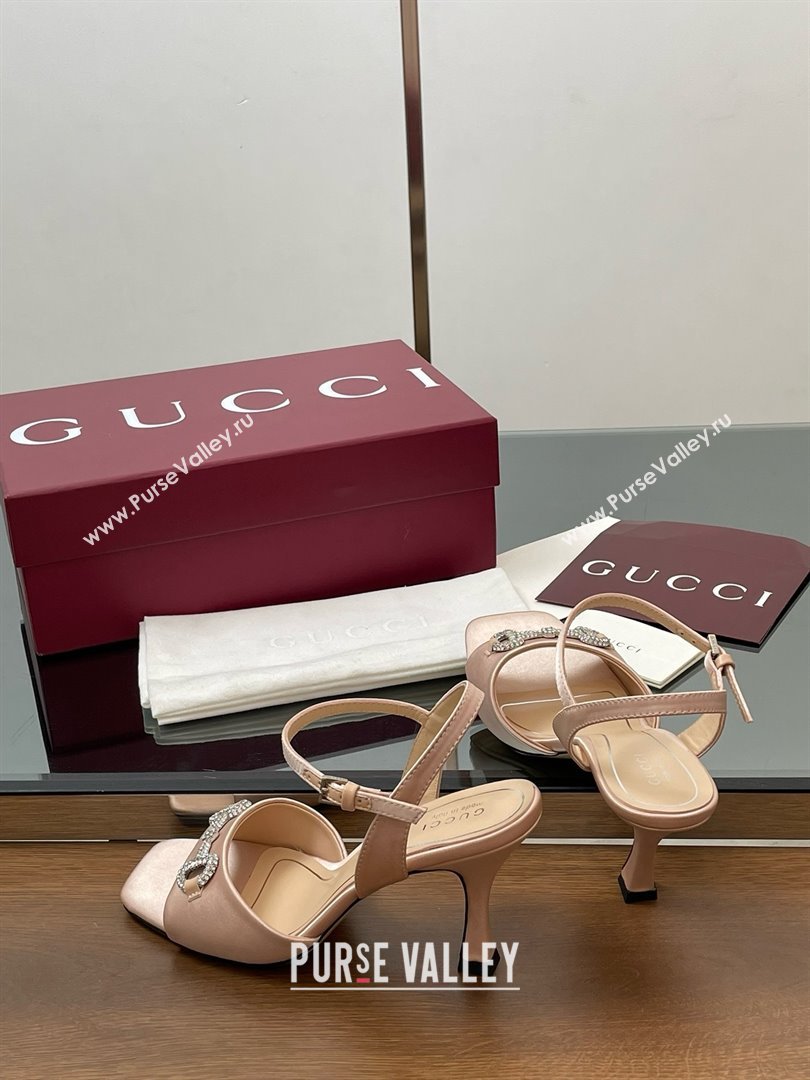 Gucci Satin Sandal with Crystal Horsebit 8.5cm Heel 834342 Beige 2025 (MD-25070430)