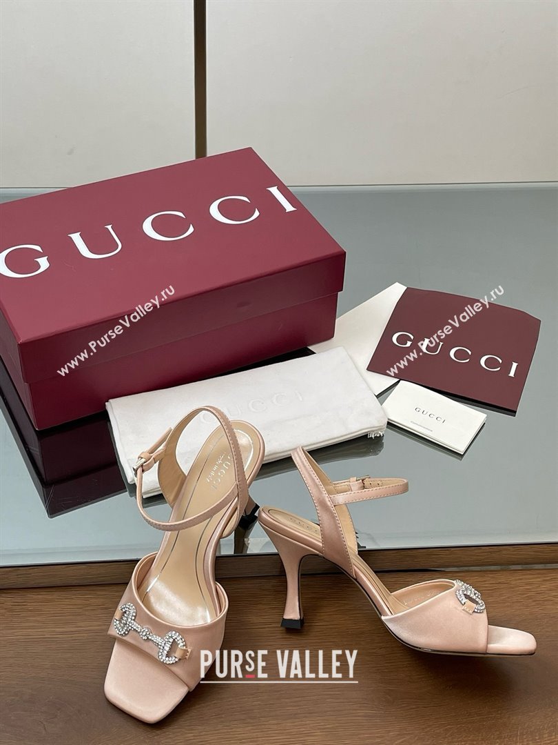 Gucci Satin Sandal with Crystal Horsebit 8.5cm Heel 834342 Beige 2025 (MD-25070430)