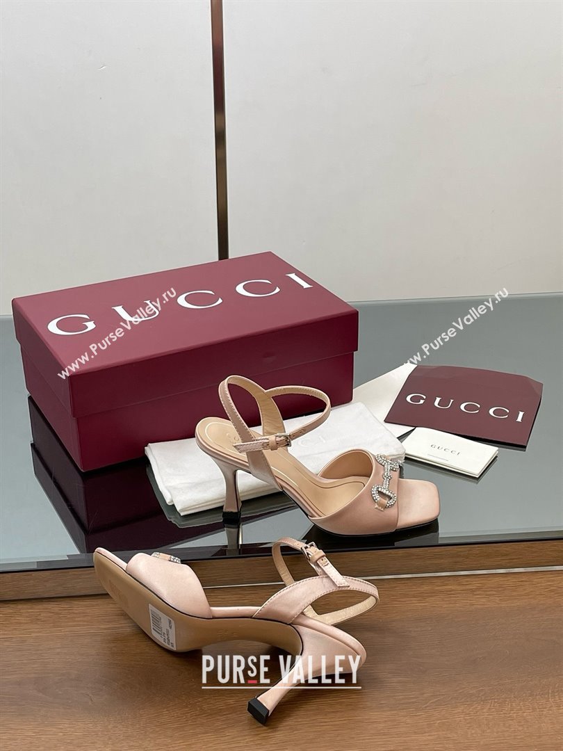 Gucci Satin Sandal with Crystal Horsebit 8.5cm Heel 834342 Beige 2025 (MD-25070430)