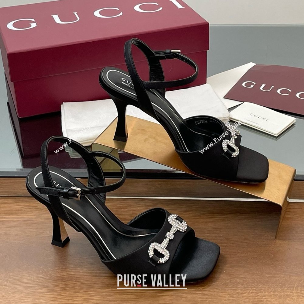 Gucci Satin Sandal with Crystal Horsebit 8.5cm Heel 834342 Black 2025 (MD-25070433)