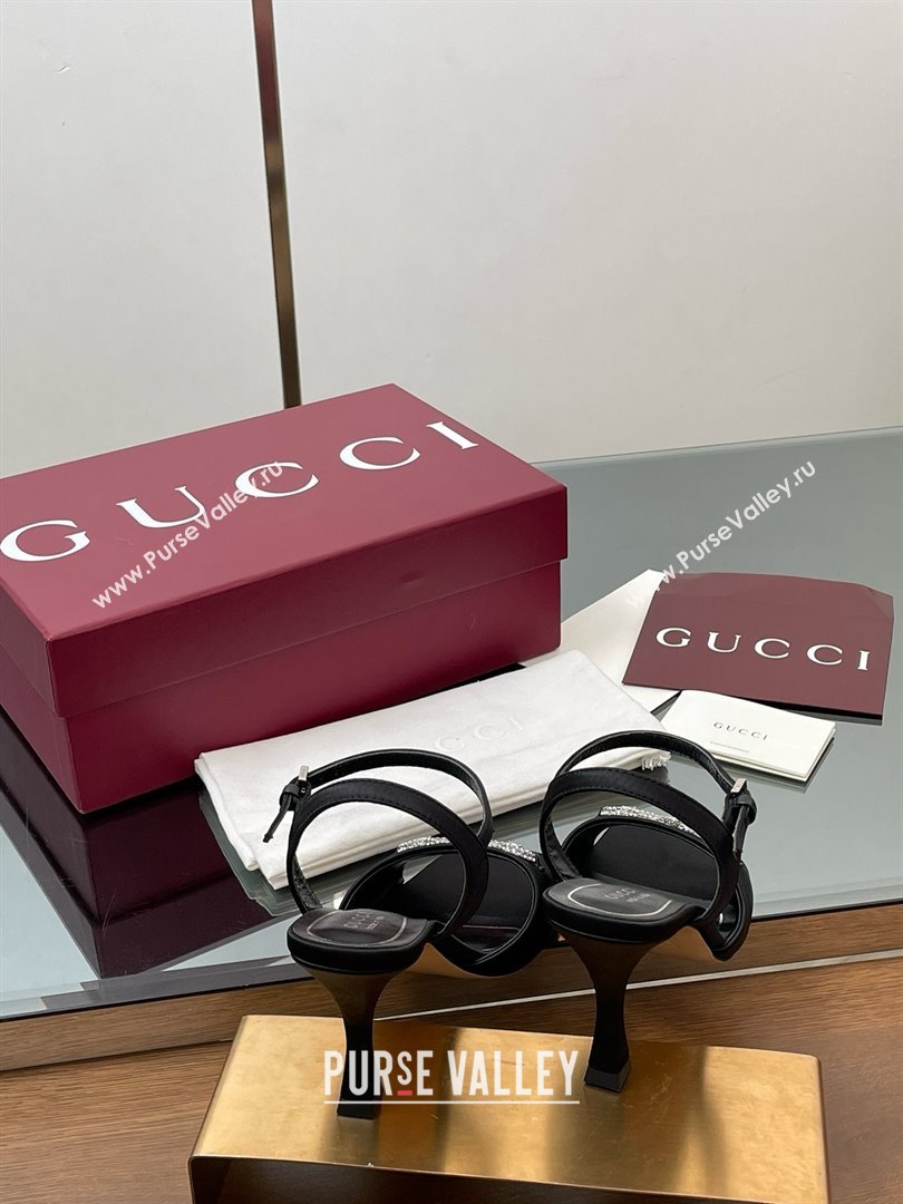 Gucci Satin Sandal with Crystal Horsebit 8.5cm Heel 834342 Black 2025 (MD-25070433)