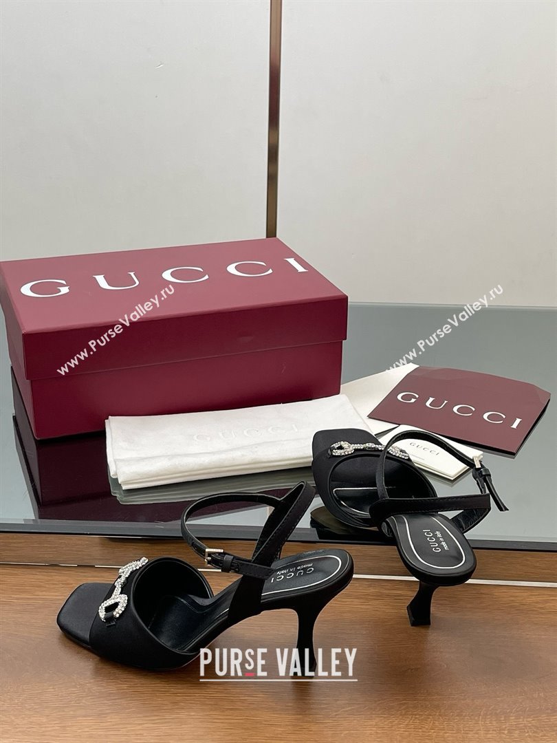Gucci Satin Sandal with Crystal Horsebit 8.5cm Heel 834342 Black 2025 (MD-25070433)