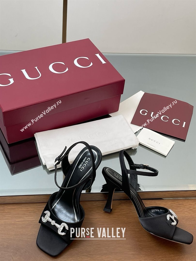 Gucci Satin Sandal with Crystal Horsebit 8.5cm Heel 834342 Black 2025 (MD-25070433)