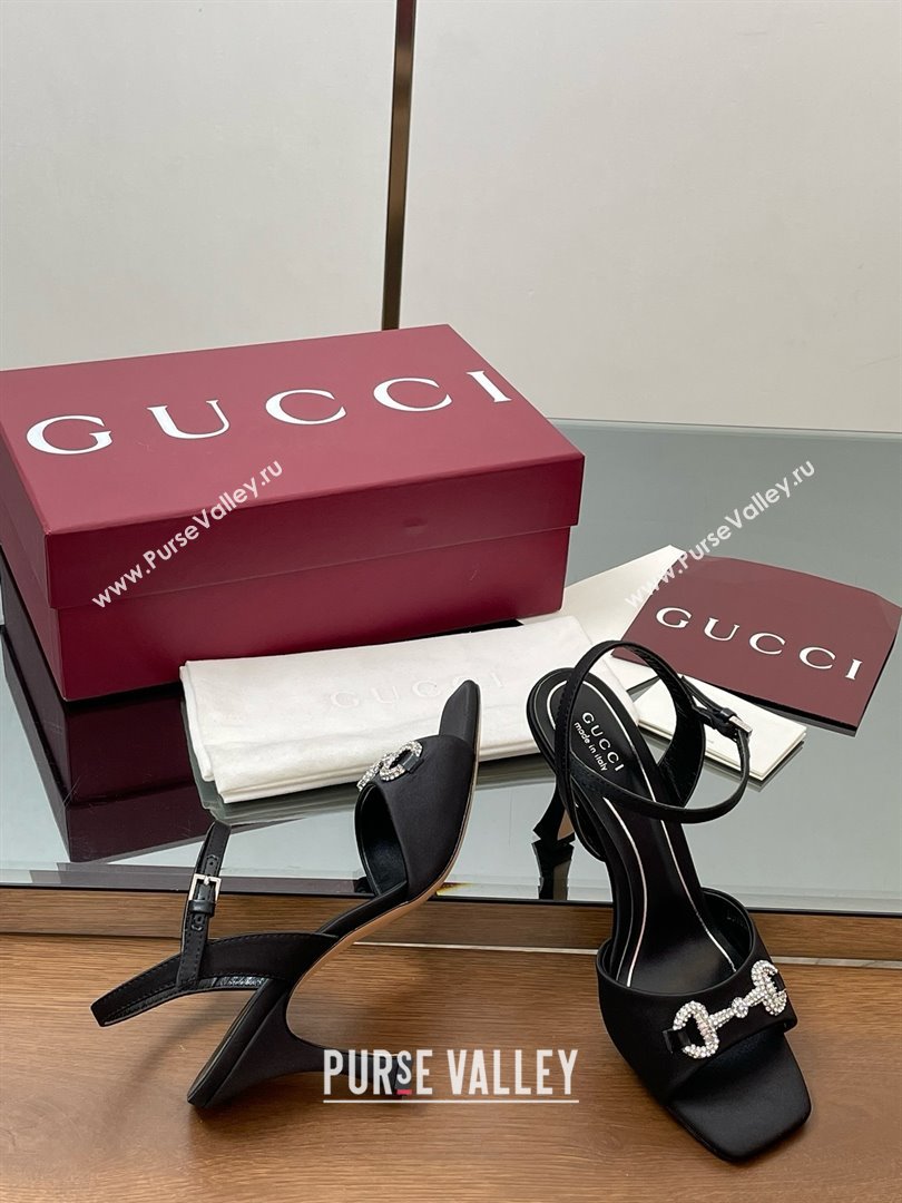Gucci Satin Sandal with Crystal Horsebit 8.5cm Heel 834342 Black 2025 (MD-25070433)
