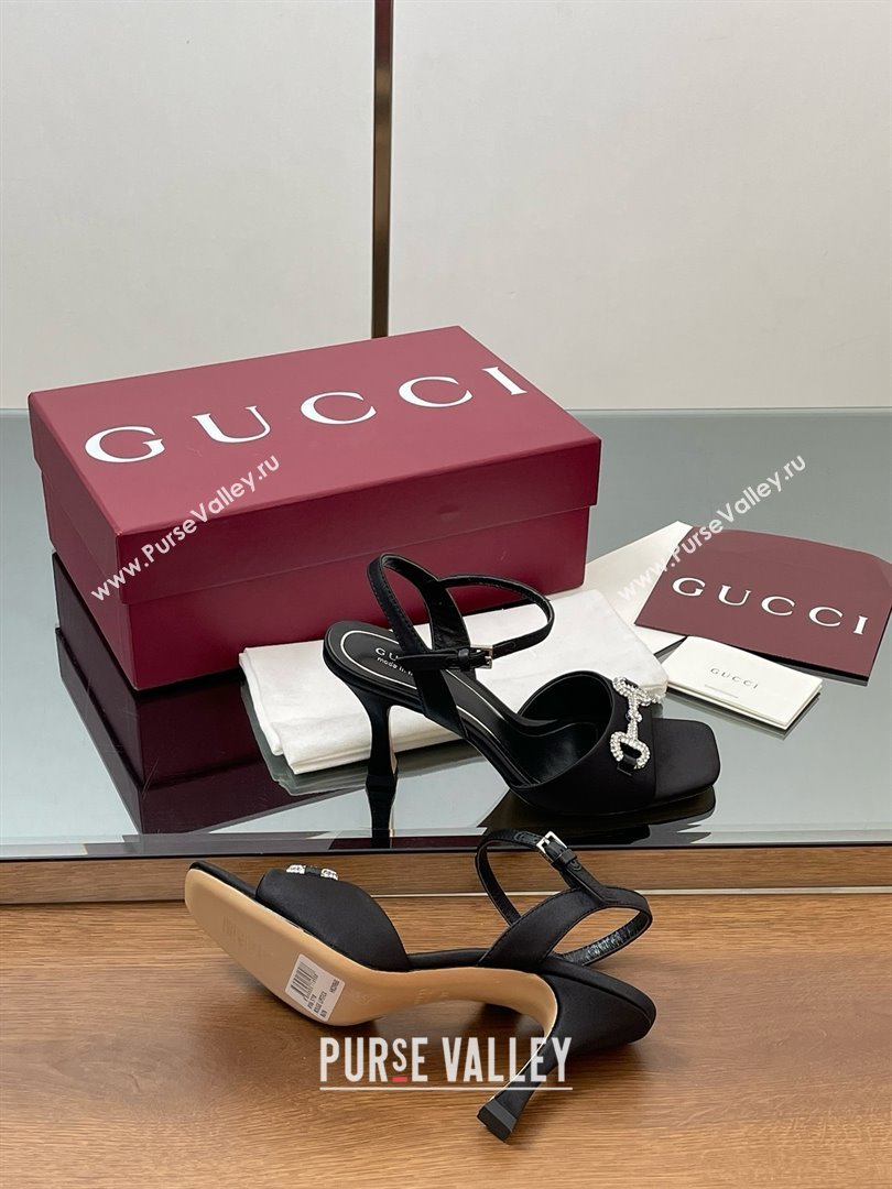 Gucci Satin Sandal with Crystal Horsebit 8.5cm Heel 834342 Black 2025 (MD-25070433)