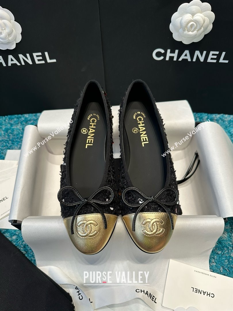 Chanel Tweed Squins Ballet Flats CHB070729 Black/Gold 2025 (MD-25070829)