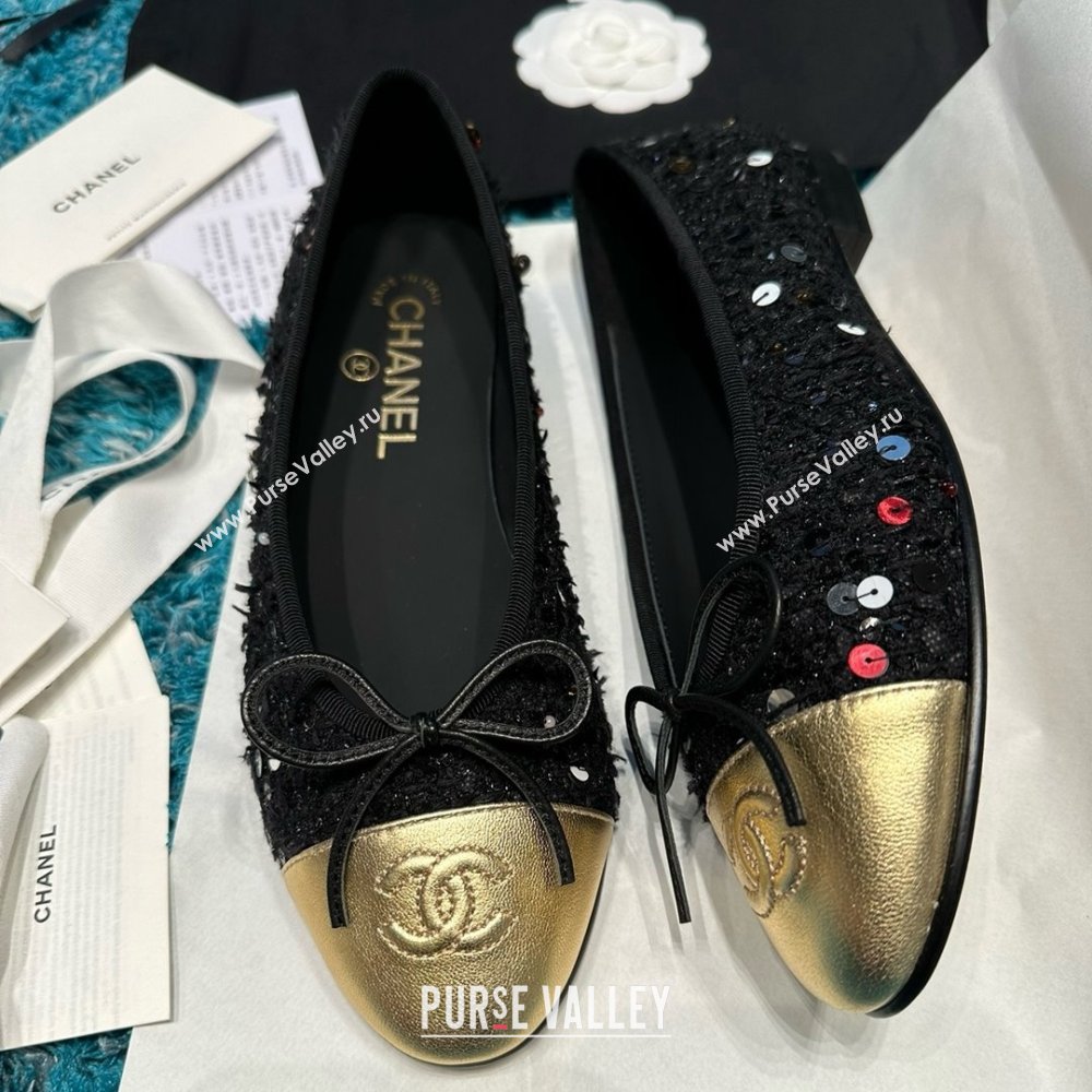 Chanel Tweed Squins Ballet Flats CHB070729 Black/Gold 2025 (MD-25070829)