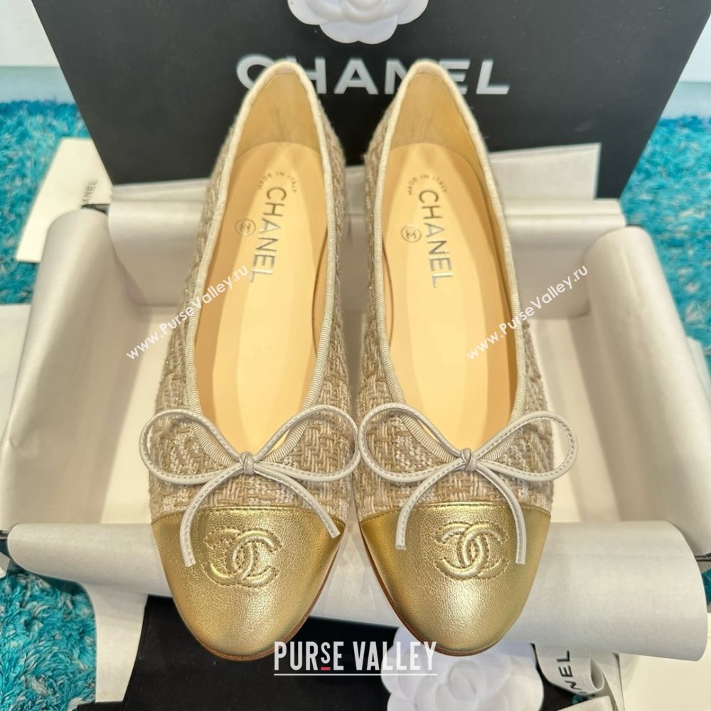 Chanel Tweed Leather Ballet Flats CHB070711 Beige/Gold 2025 (MD-25070711)