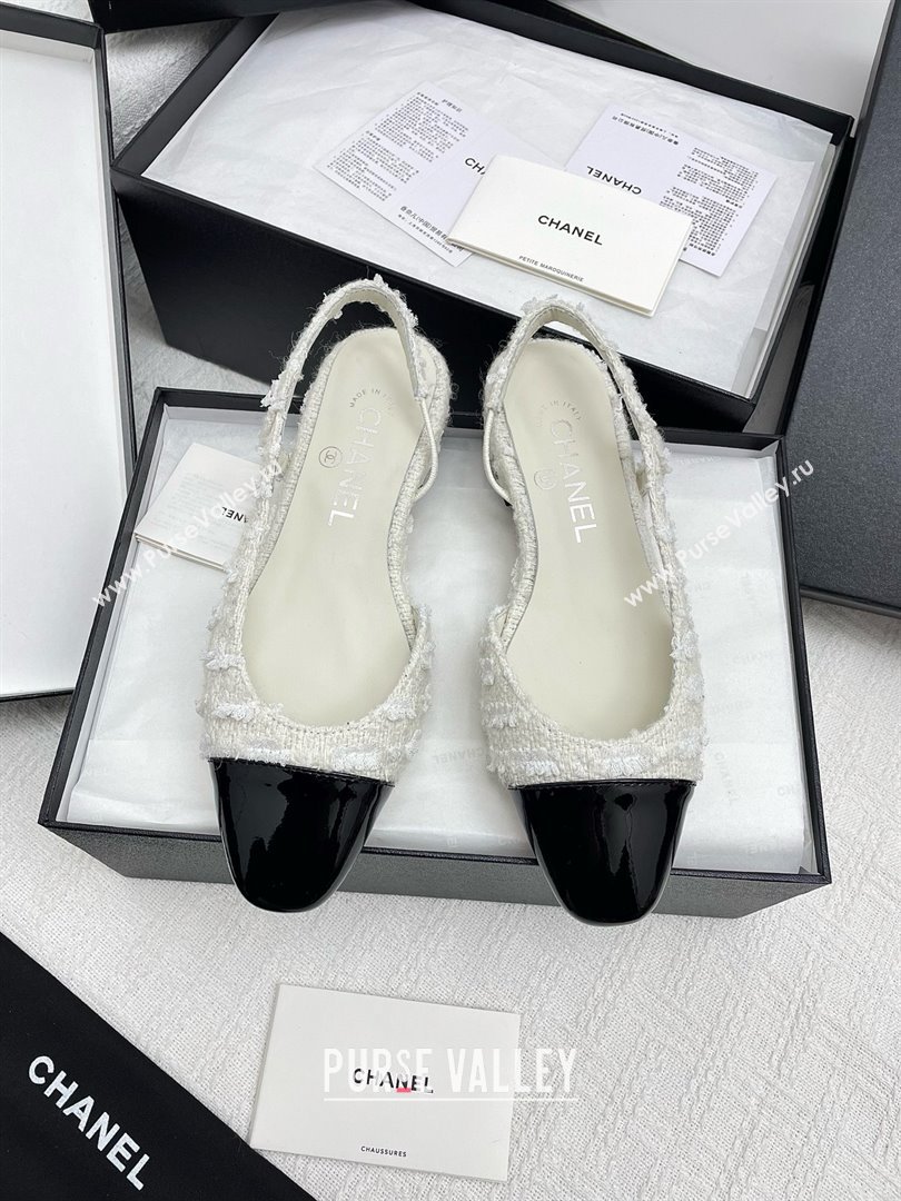 Chanel Tweed Patent Leather Slingbacks Flats G31319 White/Black 2025 (KL-25071007)