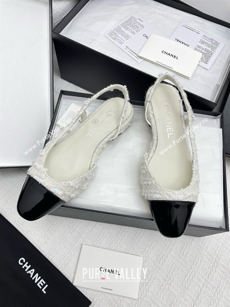 Chanel Tweed Patent Leather Slingbacks Flats G31319 White/Black 2025 (KL-25071007)