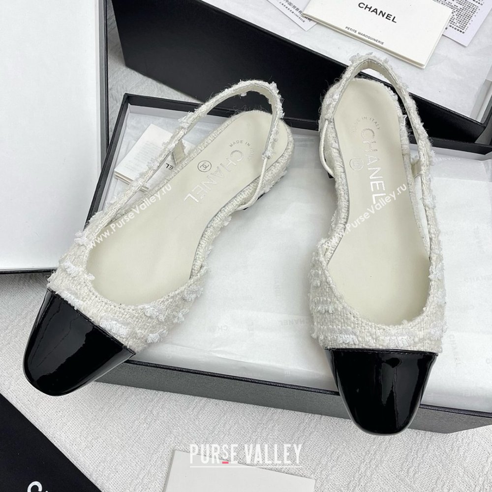 Chanel Tweed Patent Leather Slingbacks Flats G31319 White/Black 2025 (KL-25071007)