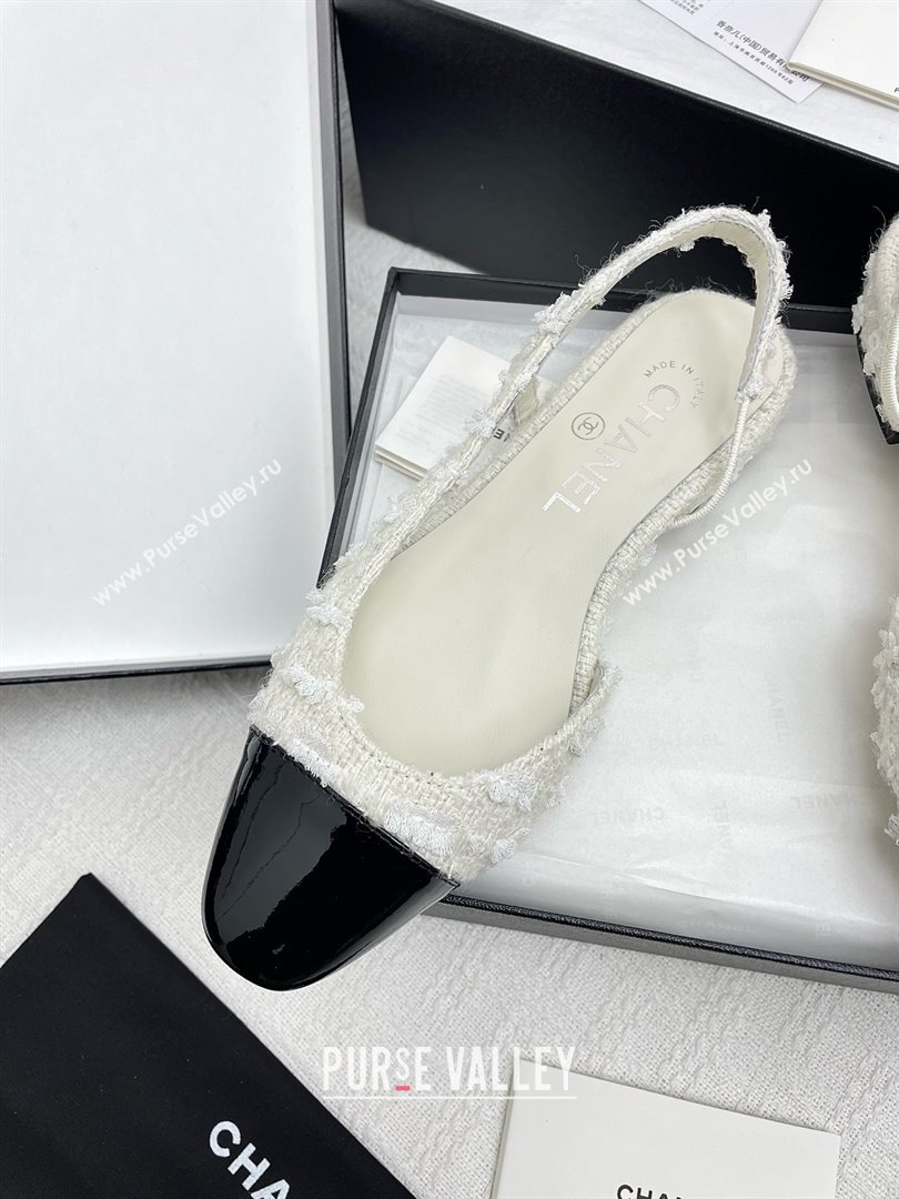 Chanel Tweed Patent Leather Slingbacks Flats G31319 White/Black 2025 (KL-25071007)