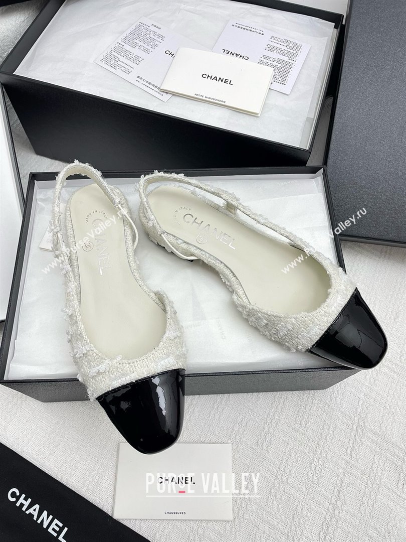 Chanel Tweed Patent Leather Slingbacks Flats G31319 White/Black 2025 (KL-25071007)