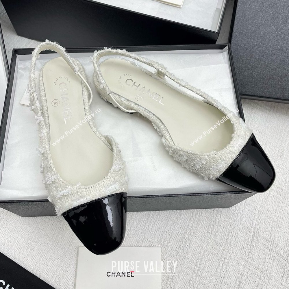 Chanel Tweed Patent Leather Slingbacks Flats G31319 White/Black 2025 (KL-25071007)