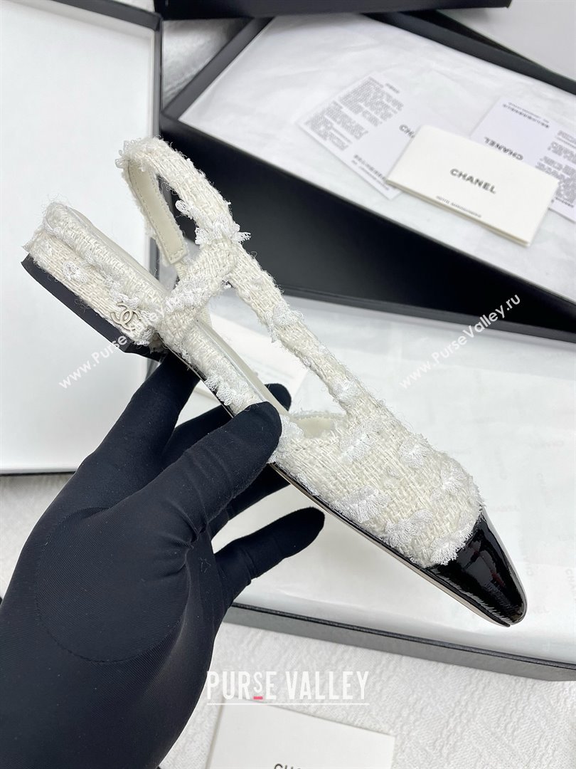 Chanel Tweed Patent Leather Slingbacks Flats G31319 White/Black 2025 (KL-25071007)