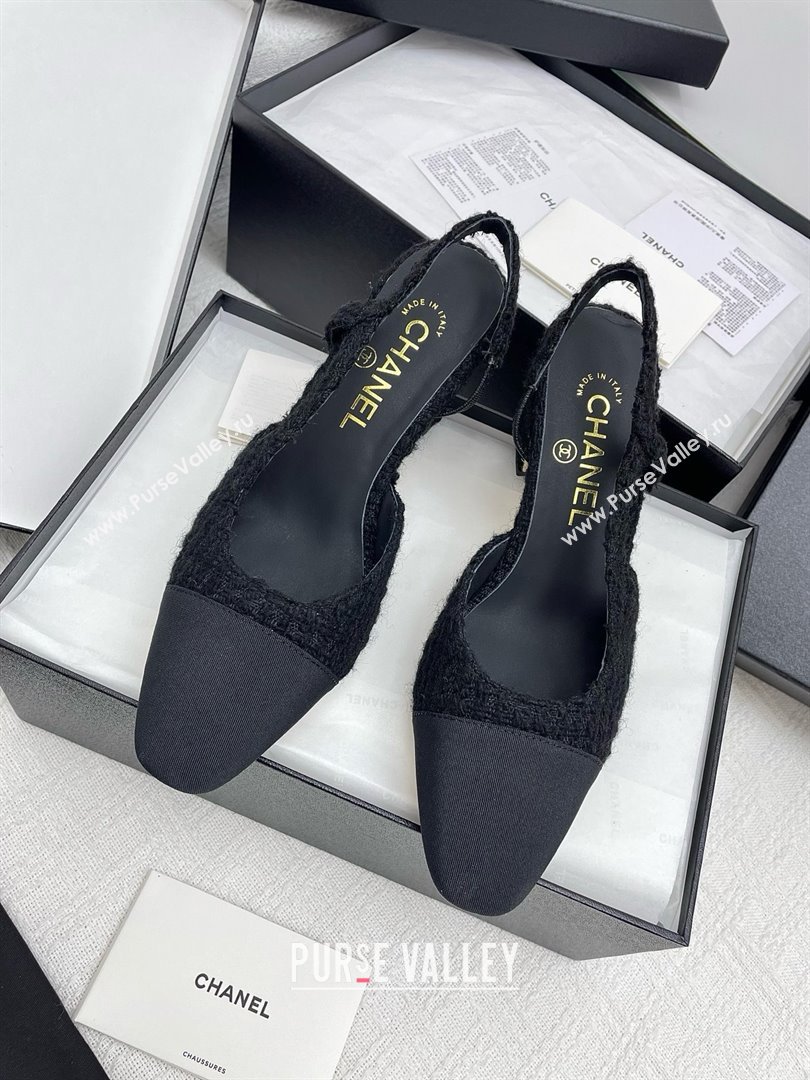 Chanel Tweed Grosgrain Slingbacks Pumps G31318 6.5cm Heel Black 2025 (KL-25071011)
