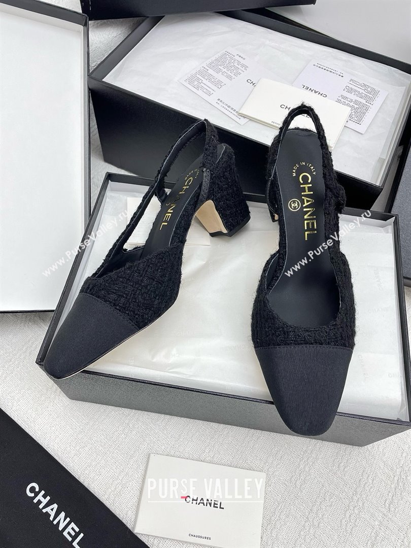 Chanel Tweed Grosgrain Slingbacks Pumps G31318 6.5cm Heel Black 2025 (KL-25071011)