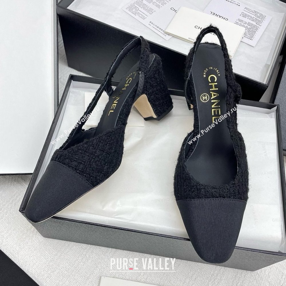 Chanel Tweed Grosgrain Slingbacks Pumps G31318 6.5cm Heel Black 2025 (KL-25071011)