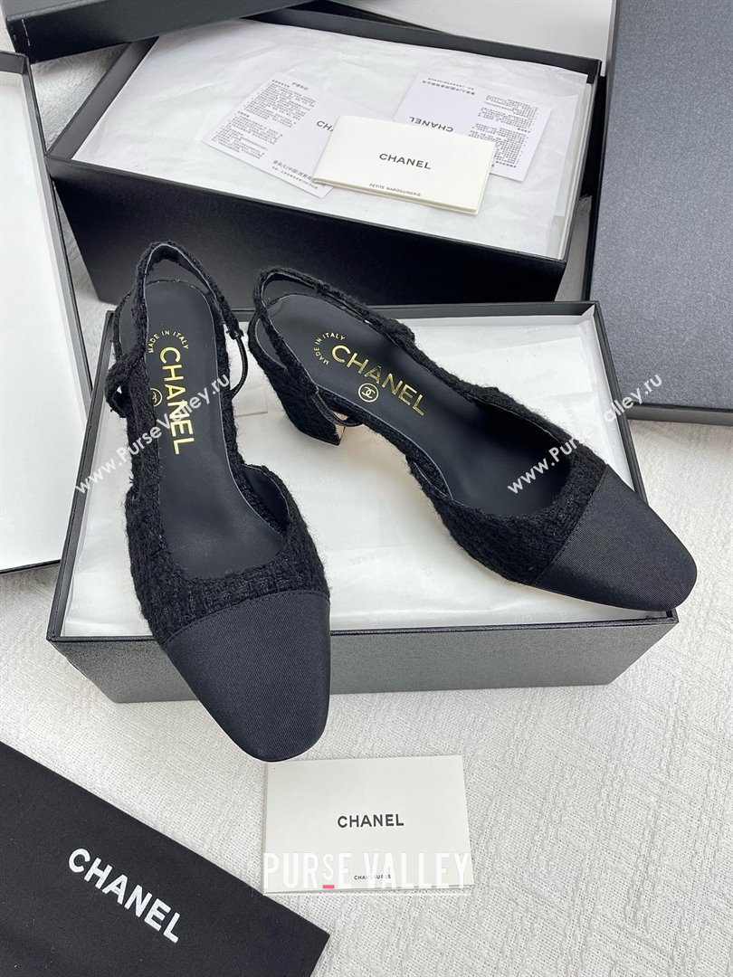 Chanel Tweed Grosgrain Slingbacks Pumps G31318 6.5cm Heel Black 2025 (KL-25071011)