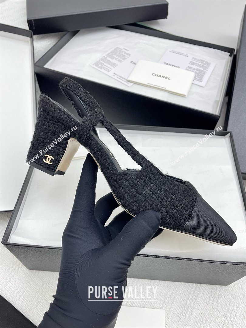 Chanel Tweed Grosgrain Slingbacks Pumps G31318 6.5cm Heel Black 2025 (KL-25071011)