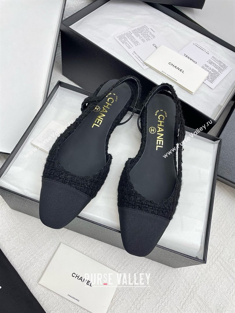 Chanel Tweed Grosgrain Slingbacks Flats G31319 Black 2025 (KL-25071010)