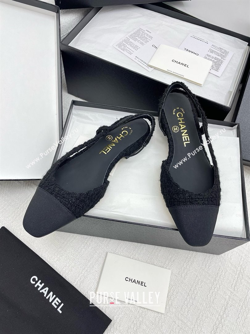 Chanel Tweed Grosgrain Slingbacks Flats G31319 Black 2025 (KL-25071010)