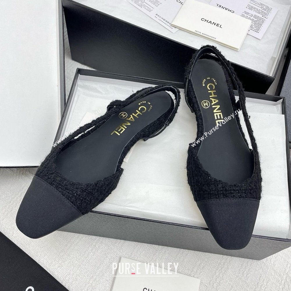 Chanel Tweed Grosgrain Slingbacks Flats G31319 Black 2025 (KL-25071010)