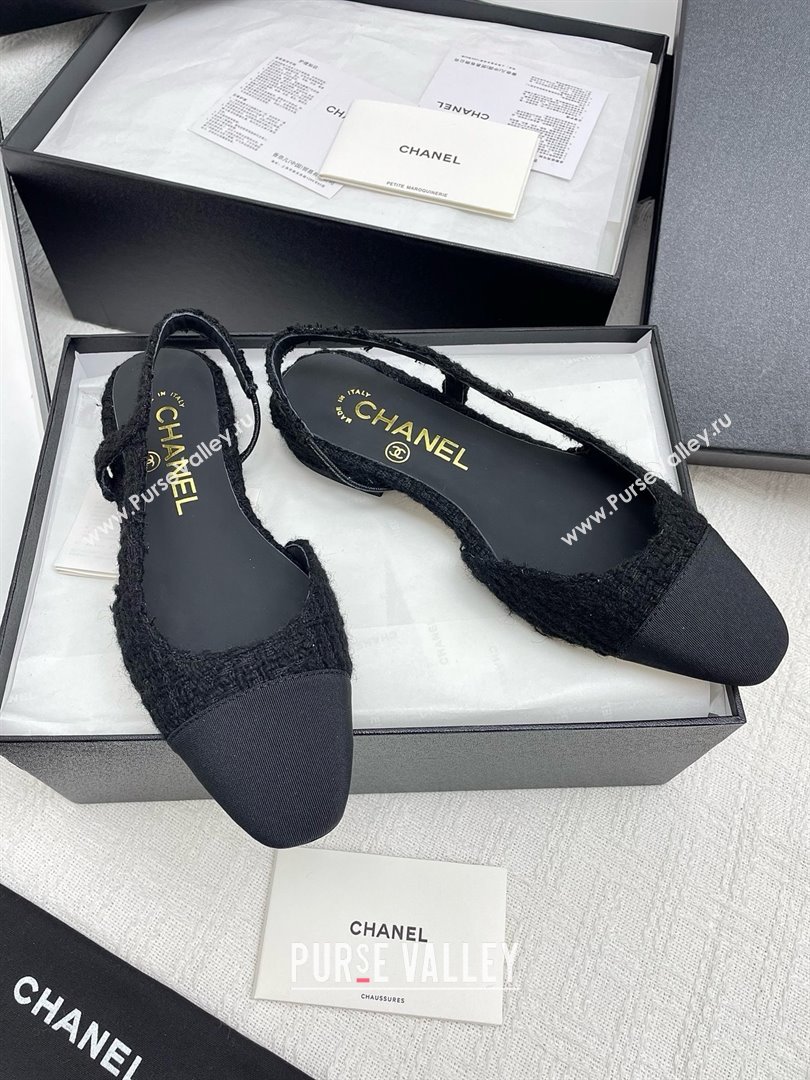 Chanel Tweed Grosgrain Slingbacks Flats G31319 Black 2025 (KL-25071010)