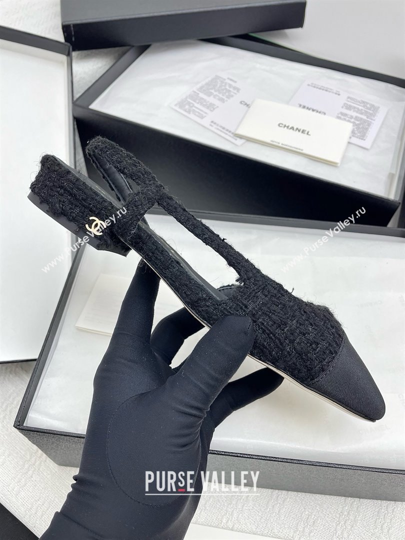 Chanel Tweed Grosgrain Slingbacks Flats G31319 Black 2025 (KL-25071010)