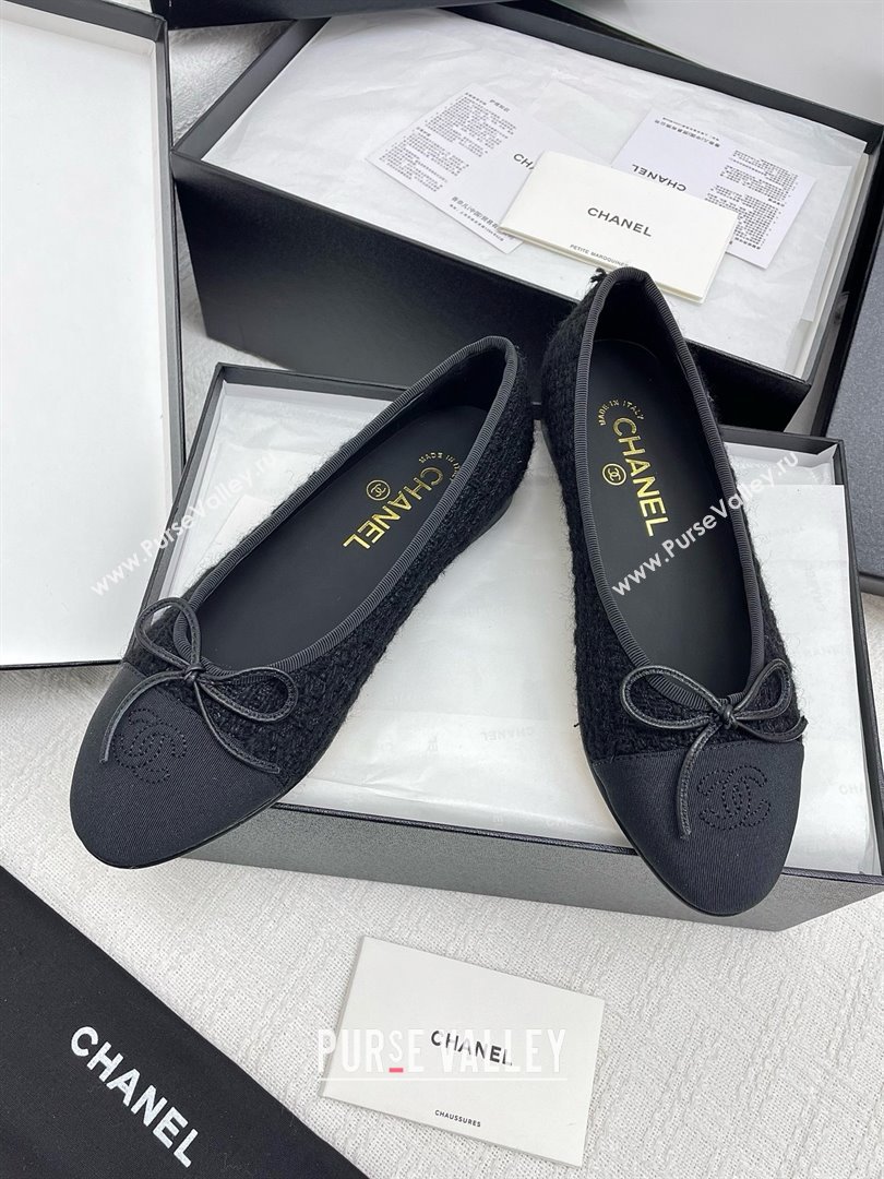 Chanel Tweed Grosgrain Ballet Flats CNB71012 Black 2025 (KL-25071012)