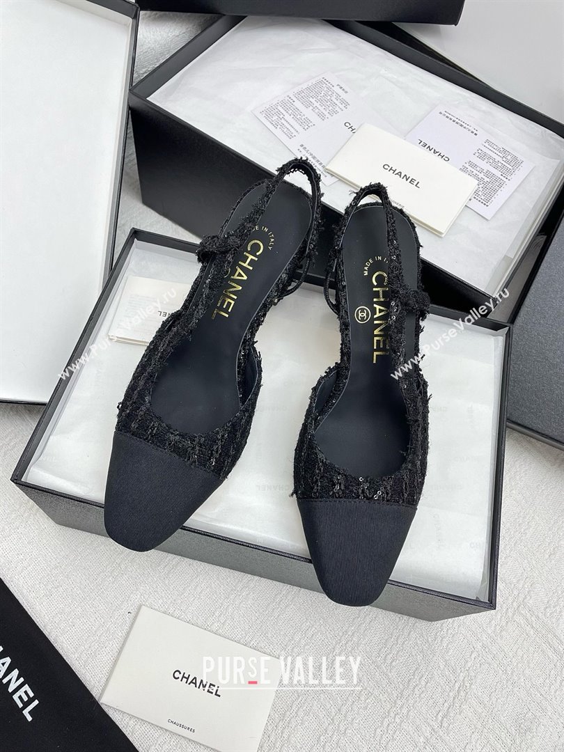 Chanel Tweed Grosgrain Slingbacks Pumps with Sequins G31318 6.5cm Heel Black 2025 (KL-25071005)