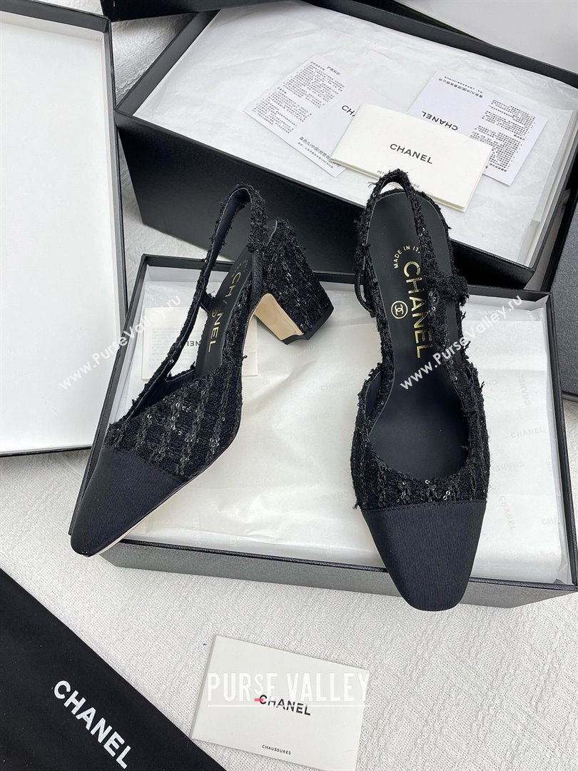 Chanel Tweed Grosgrain Slingbacks Pumps with Sequins G31318 6.5cm Heel Black 2025 (KL-25071005)