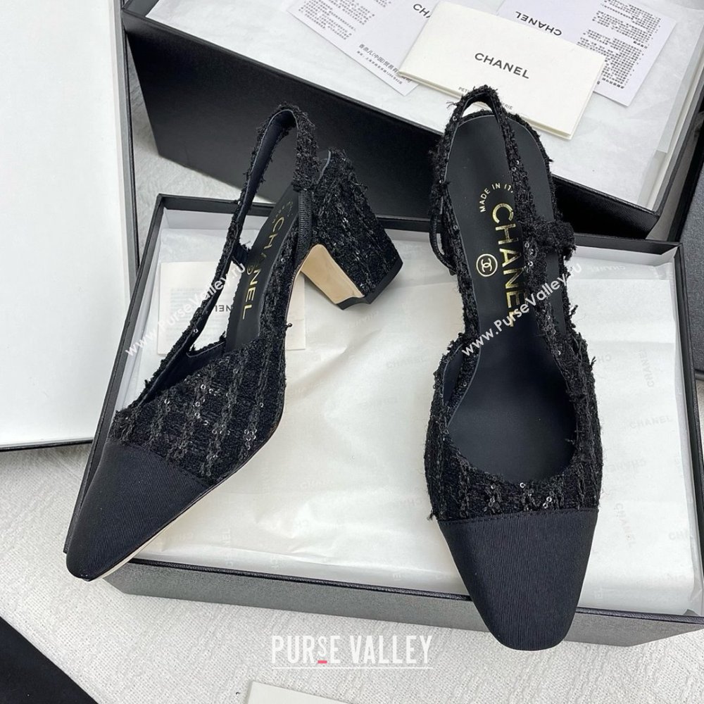 Chanel Tweed Grosgrain Slingbacks Pumps with Sequins G31318 6.5cm Heel Black 2025 (KL-25071005)