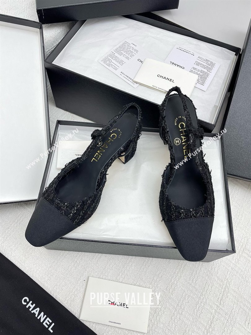 Chanel Tweed Grosgrain Slingbacks Pumps with Sequins G31318 6.5cm Heel Black 2025 (KL-25071005)