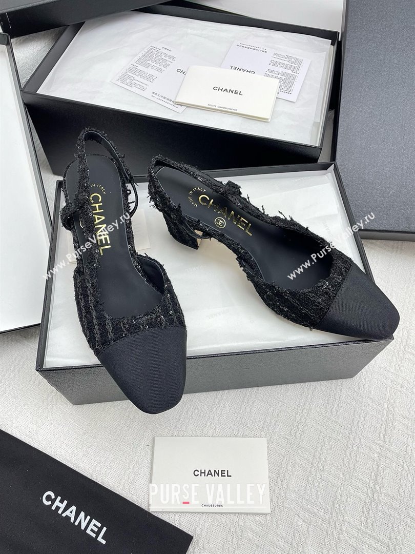 Chanel Tweed Grosgrain Slingbacks Pumps with Sequins G31318 6.5cm Heel Black 2025 (KL-25071005)