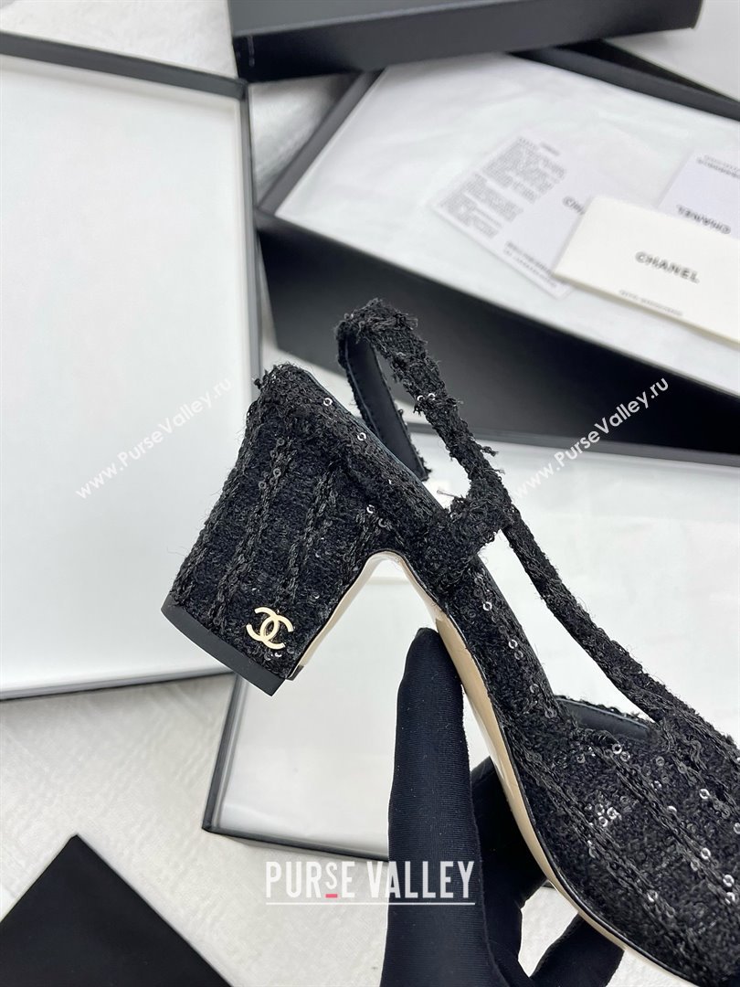 Chanel Tweed Grosgrain Slingbacks Pumps with Sequins G31318 6.5cm Heel Black 2025 (KL-25071005)