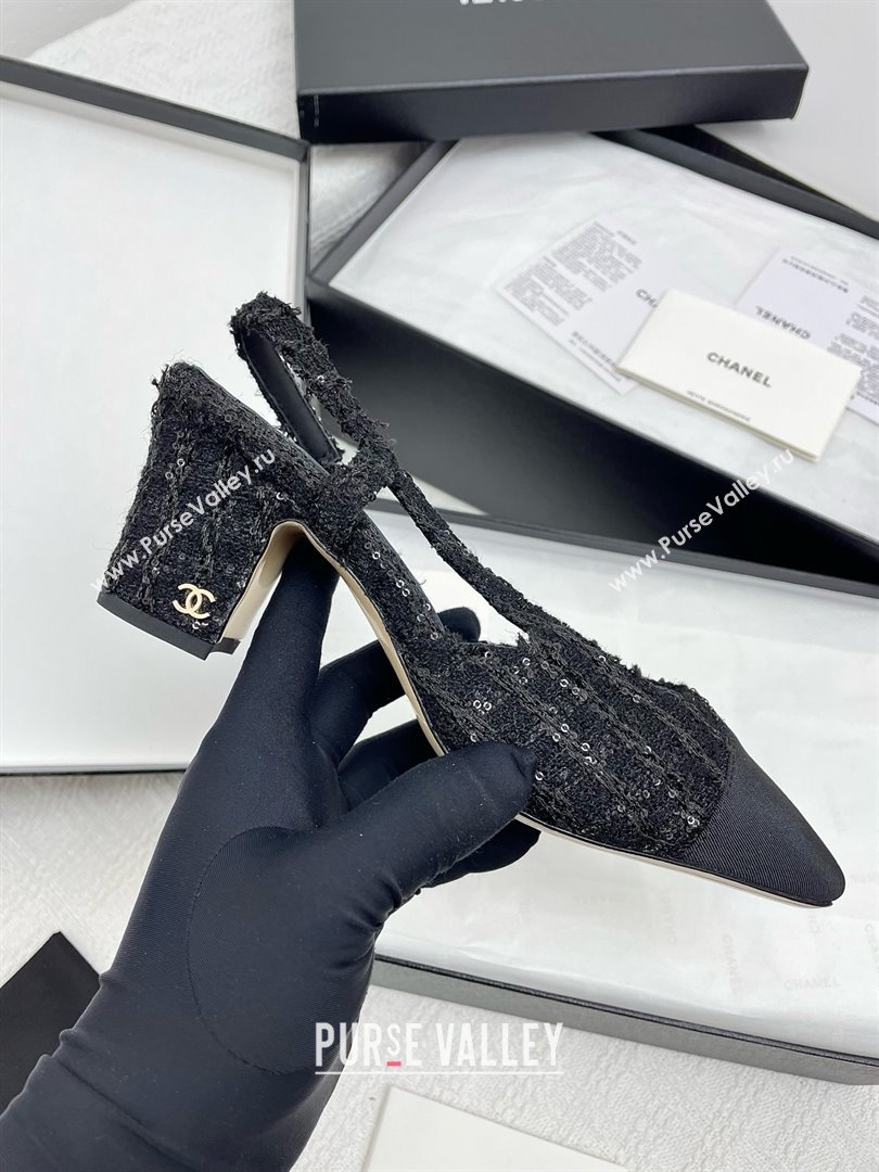 Chanel Tweed Grosgrain Slingbacks Pumps with Sequins G31318 6.5cm Heel Black 2025 (KL-25071005)