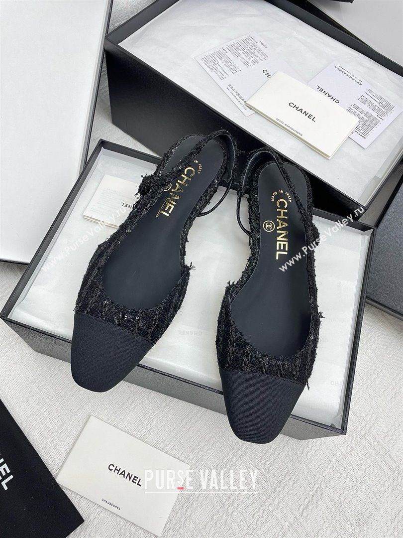 Chanel Tweed Grosgrain Slingbacks Flats with Sequins G31319 Black 2025 (KL-25071004)